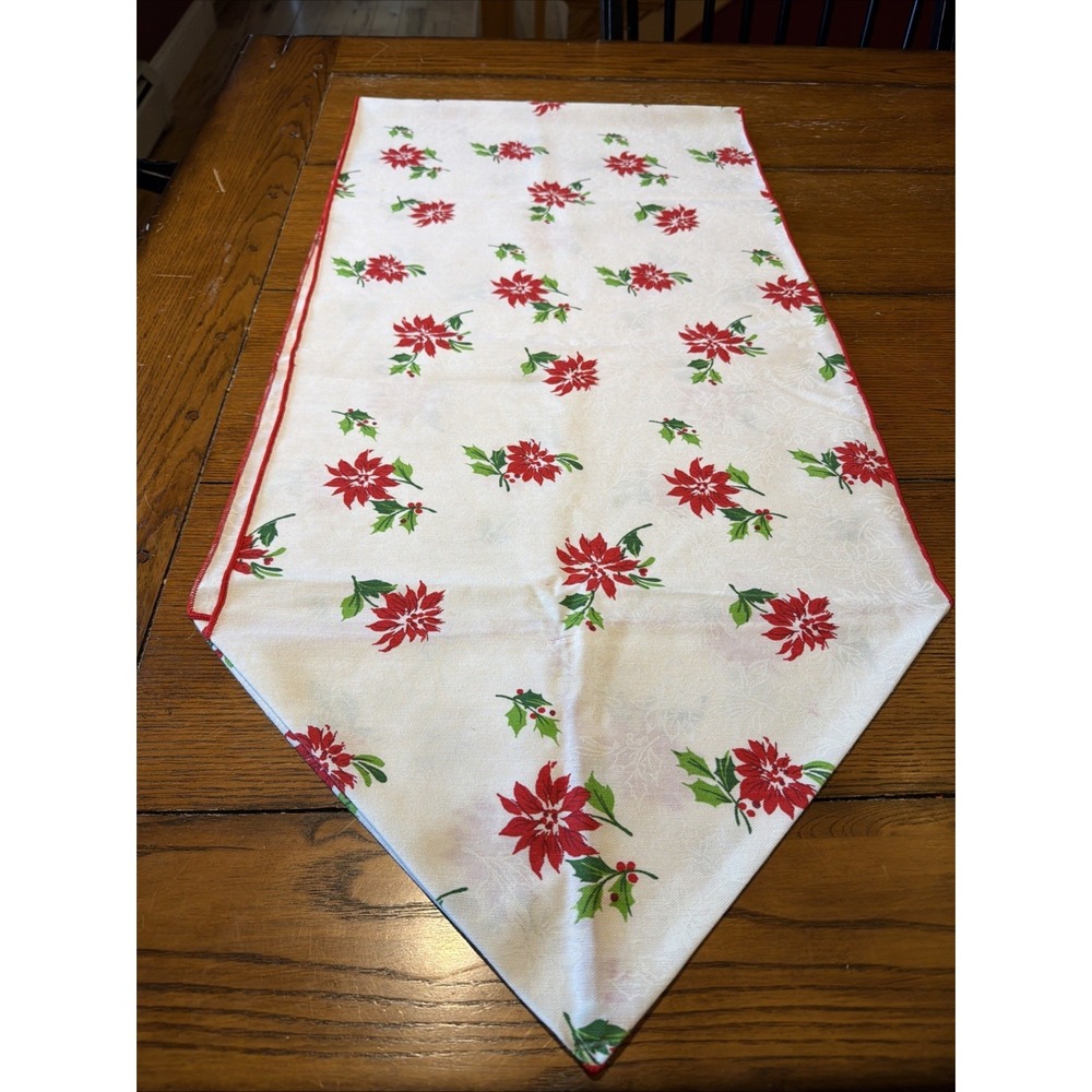 Vtg Christmas Poinsettia Table Runner Red Green On White 70" By 16.5"